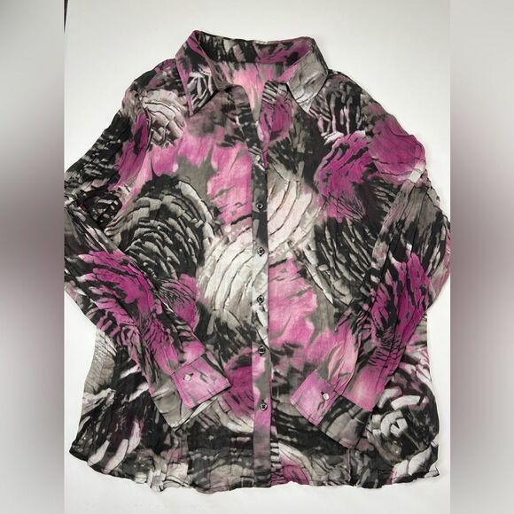 Raven Chiffon Button-Up Blouse Size L Floral Print - Picture 5 of 9